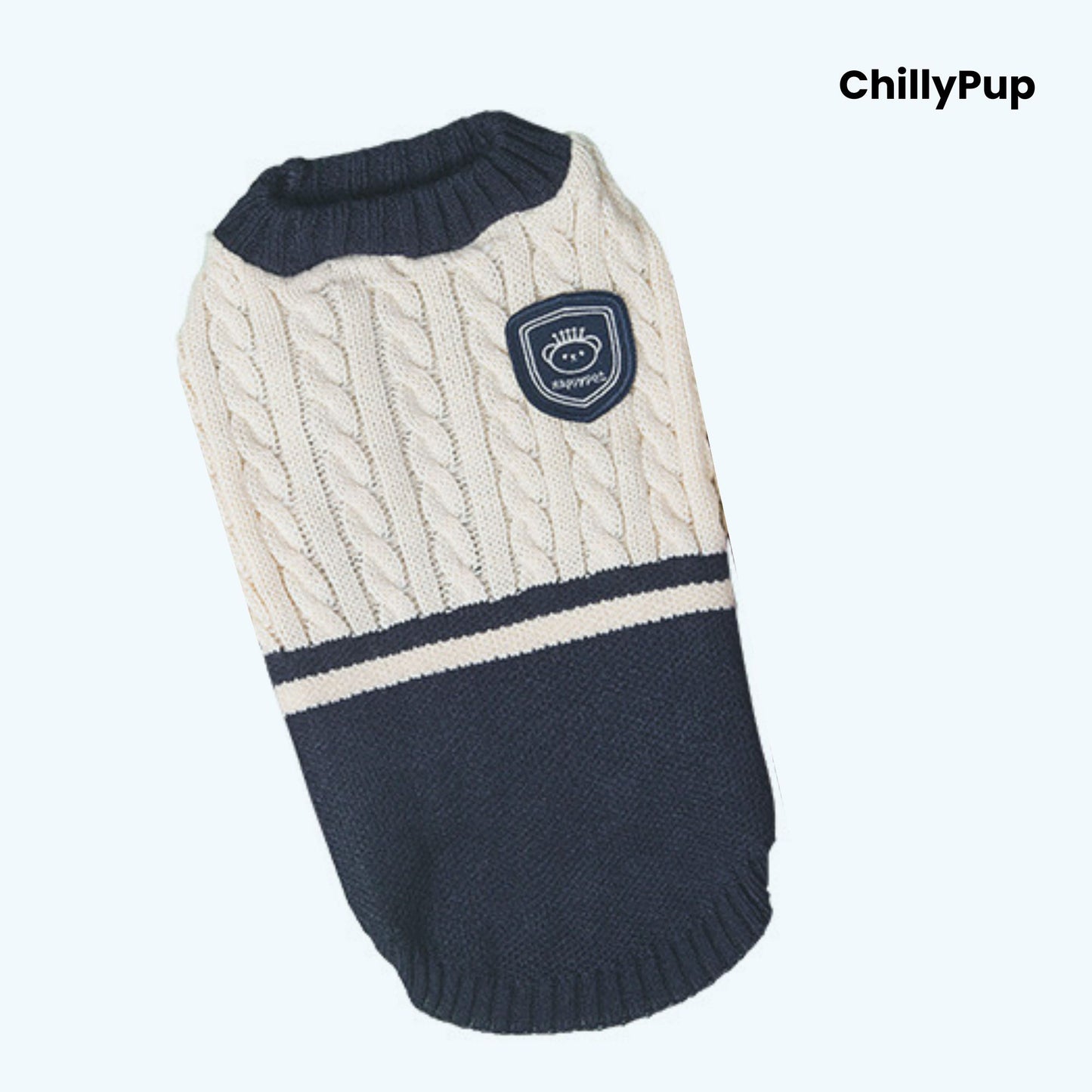 Navy and cream dog sweater with a logo on a white background, branded 'ChillyPup'.