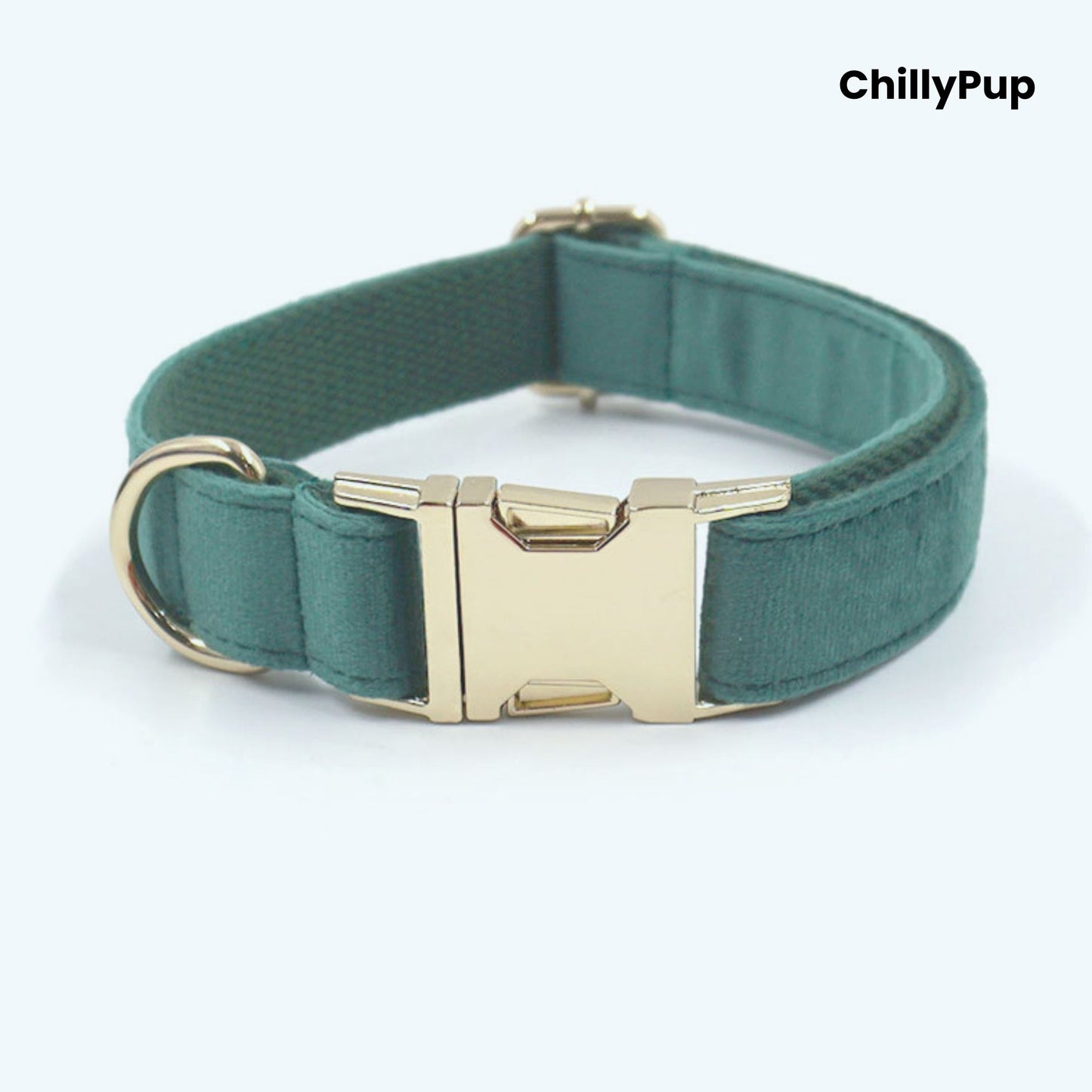 Velvet Dog Collar, Harness & Lead Set on a white background with Chillypup branding