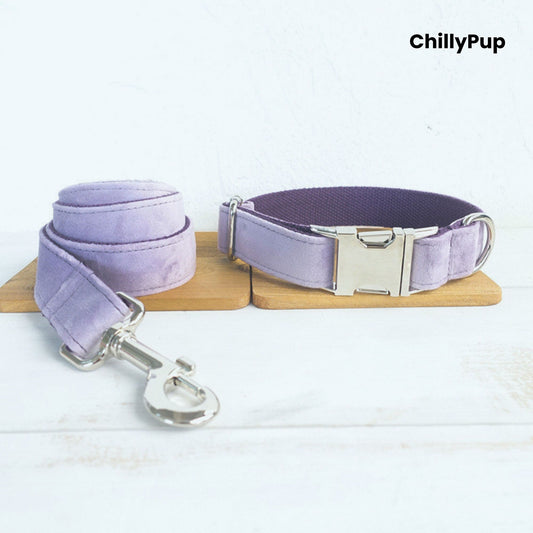 Lavender dog collar and lead set on a wooden board with 'ChillyPup' branding.