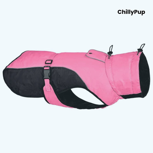 Pink and grey dog coat with 'ChillyPup' branding on a white background