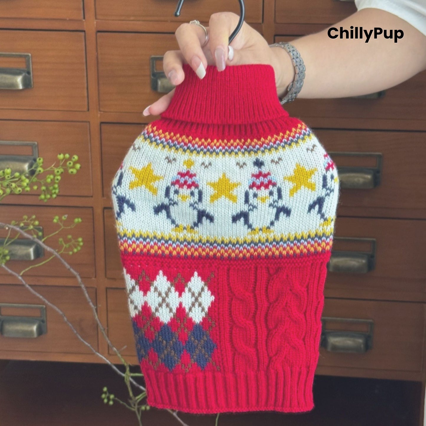 dog jumper with festive patterns on a wooden surface, branded 'ChillyPup'.