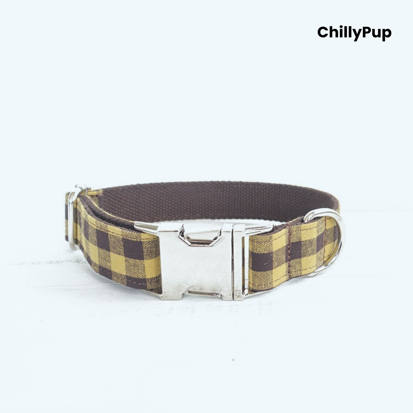 Yellow Check Collar, Lead & Bow Set with metal clip on a textured white background, branded 'ChillyPup'.