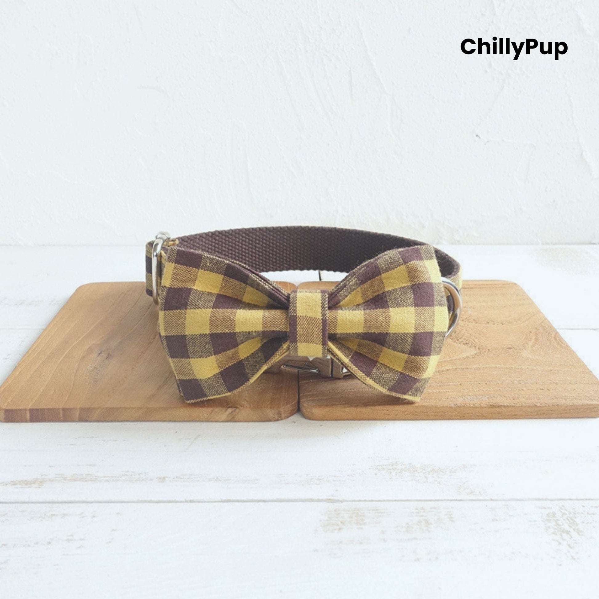 Yellow Check Collar, Lead & Bow Set with metal clip on a textured white background, branded 'ChillyPup'.