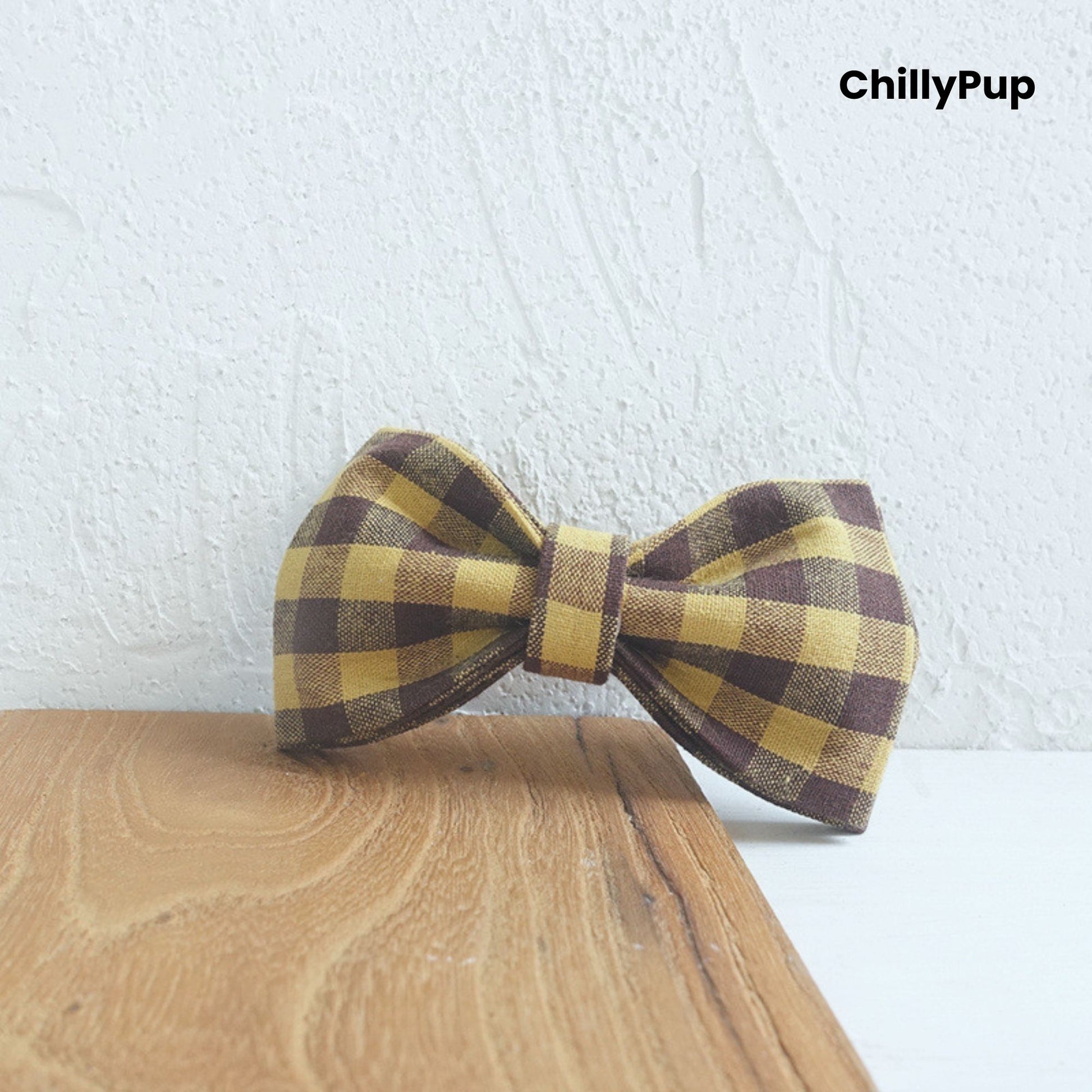 Yellow Check Collar, Lead & Bow Set with metal clip on a textured white background, branded 'ChillyPup'.