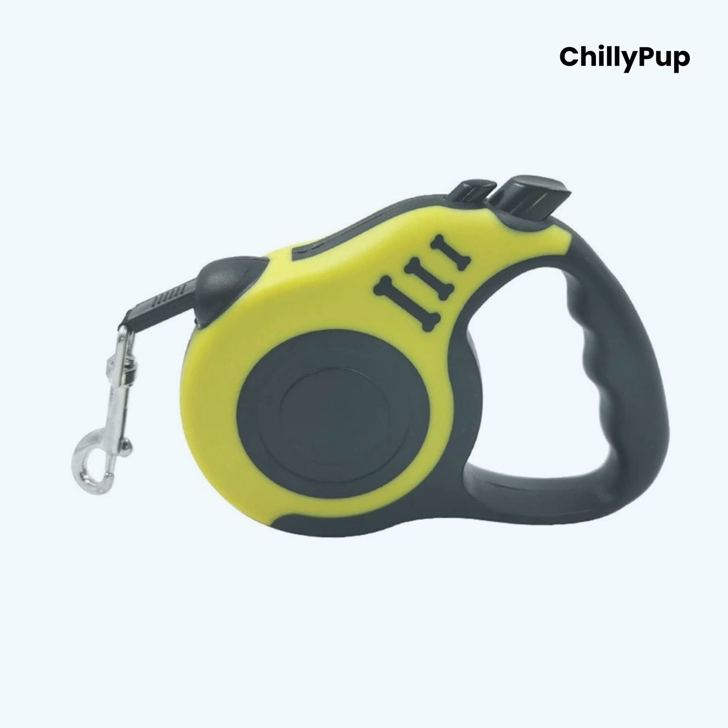 Black and yellow retractable dog lead with 'ChillyPup' branding on a white background