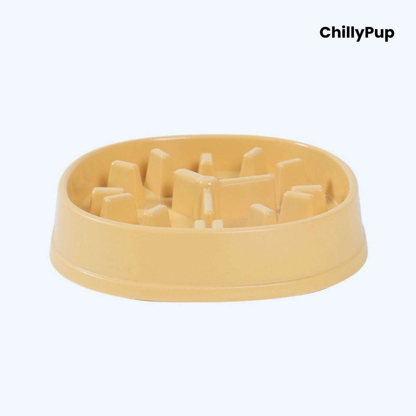 Yellow dog bowl with raised rim on a white background, branded 'ChillyPup'.