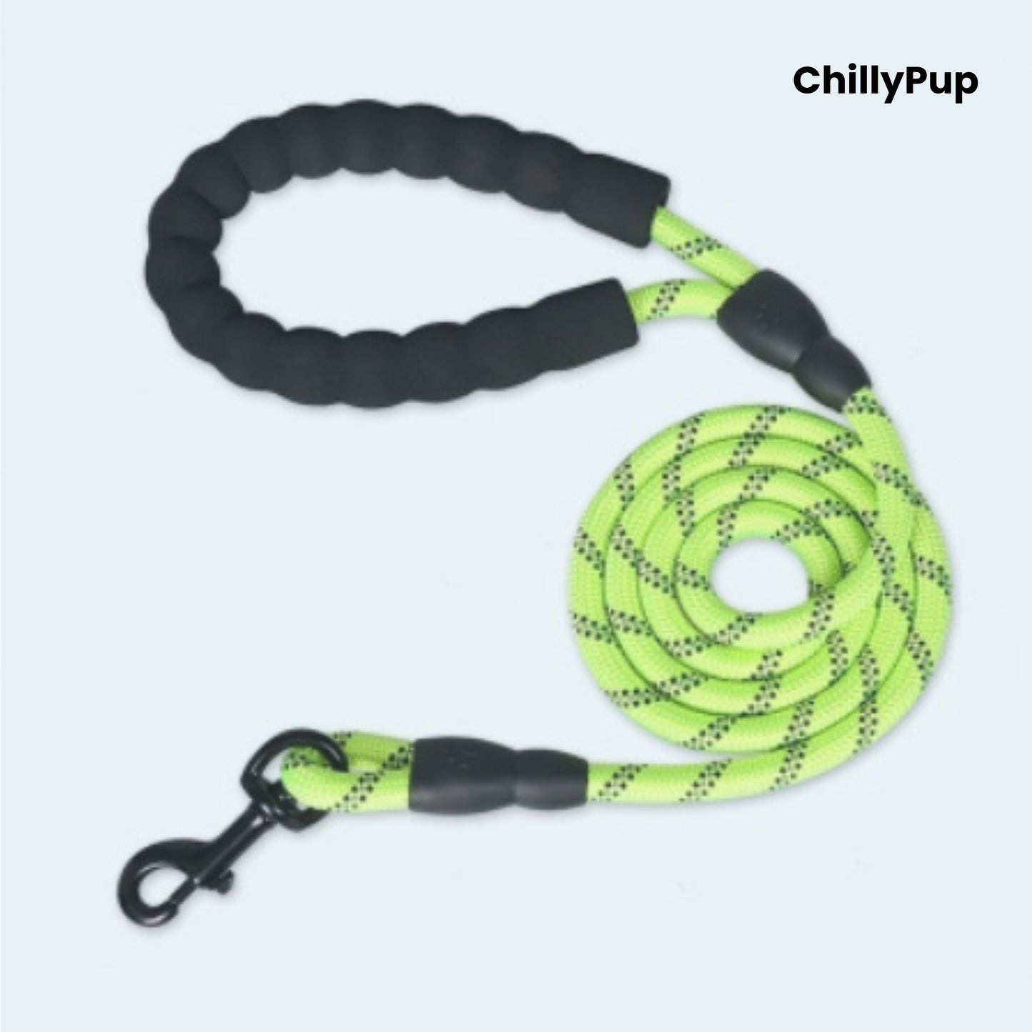 Yellow dog Lead with black handle and clip on a white background, branded 'ChillyPup'.