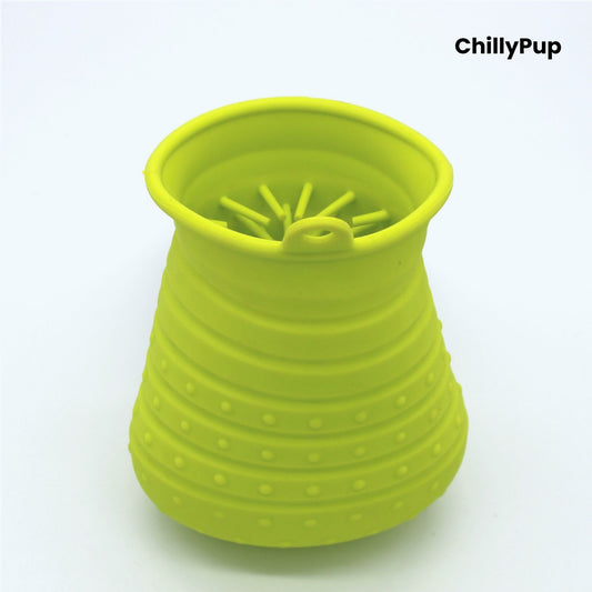 Yellow silicone dog Paw cleaner with 'ChillyPup' branding on a white background