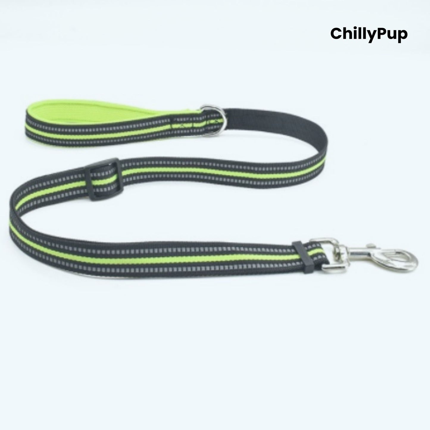 Dog Lead with Yellow and grey pattern on a white background, branded 'ChillyPup'.