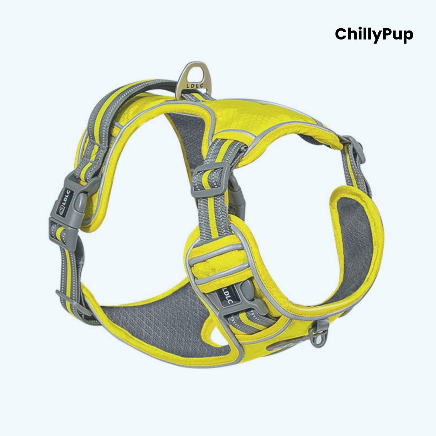 Yellow and grey dog harness with 'ChillyPup' branding on a white background