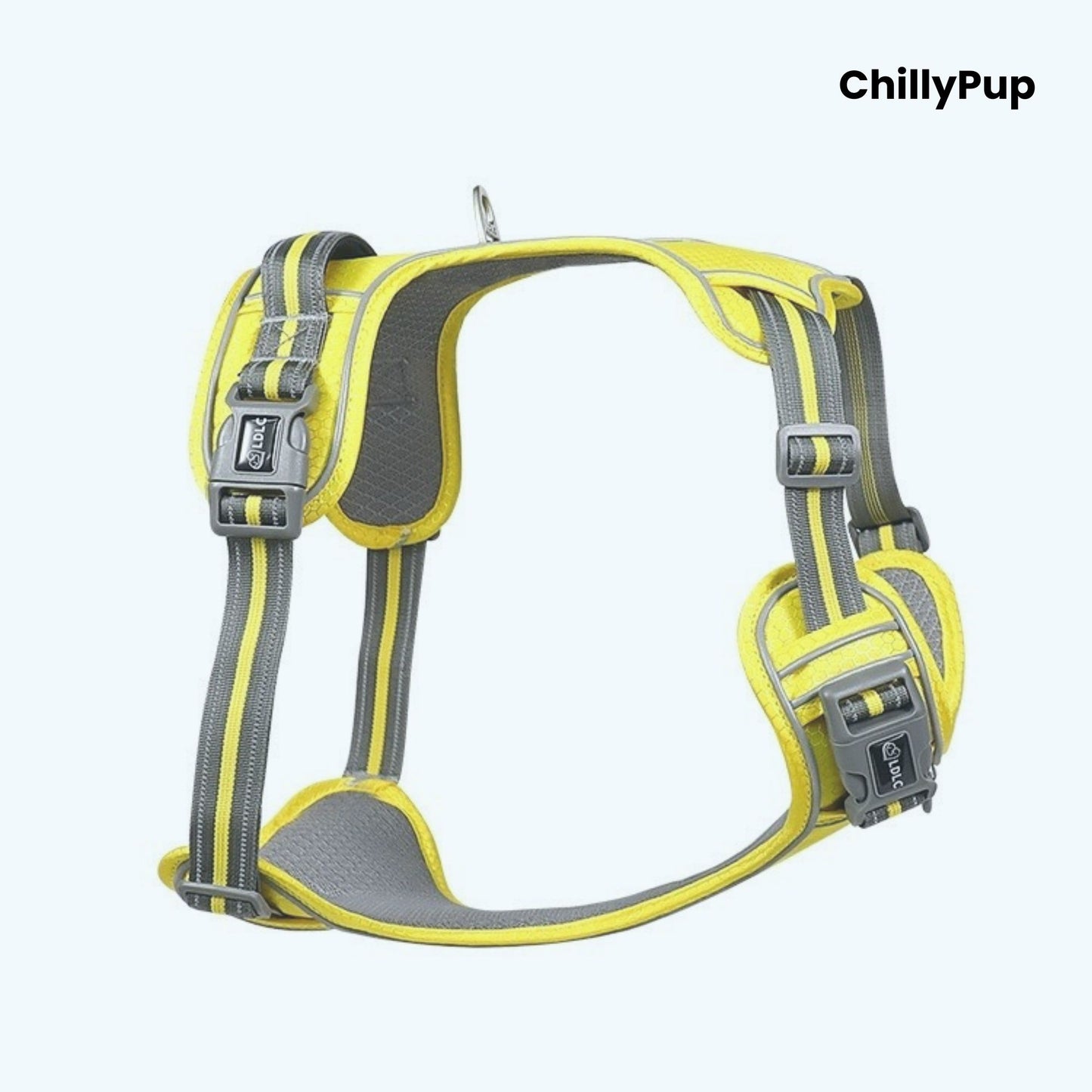 Yellow dog harness with grey straps on a white background, branded 'ChillyPup'.