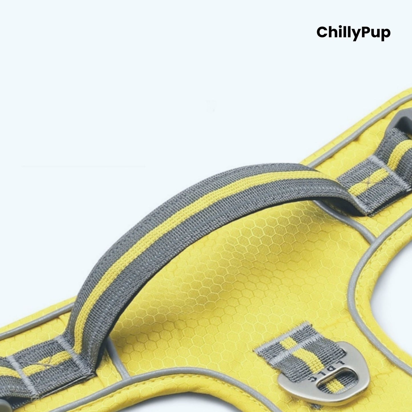 Yellow dog harness with grey straps on a white background, branded 'ChillyPup'.
