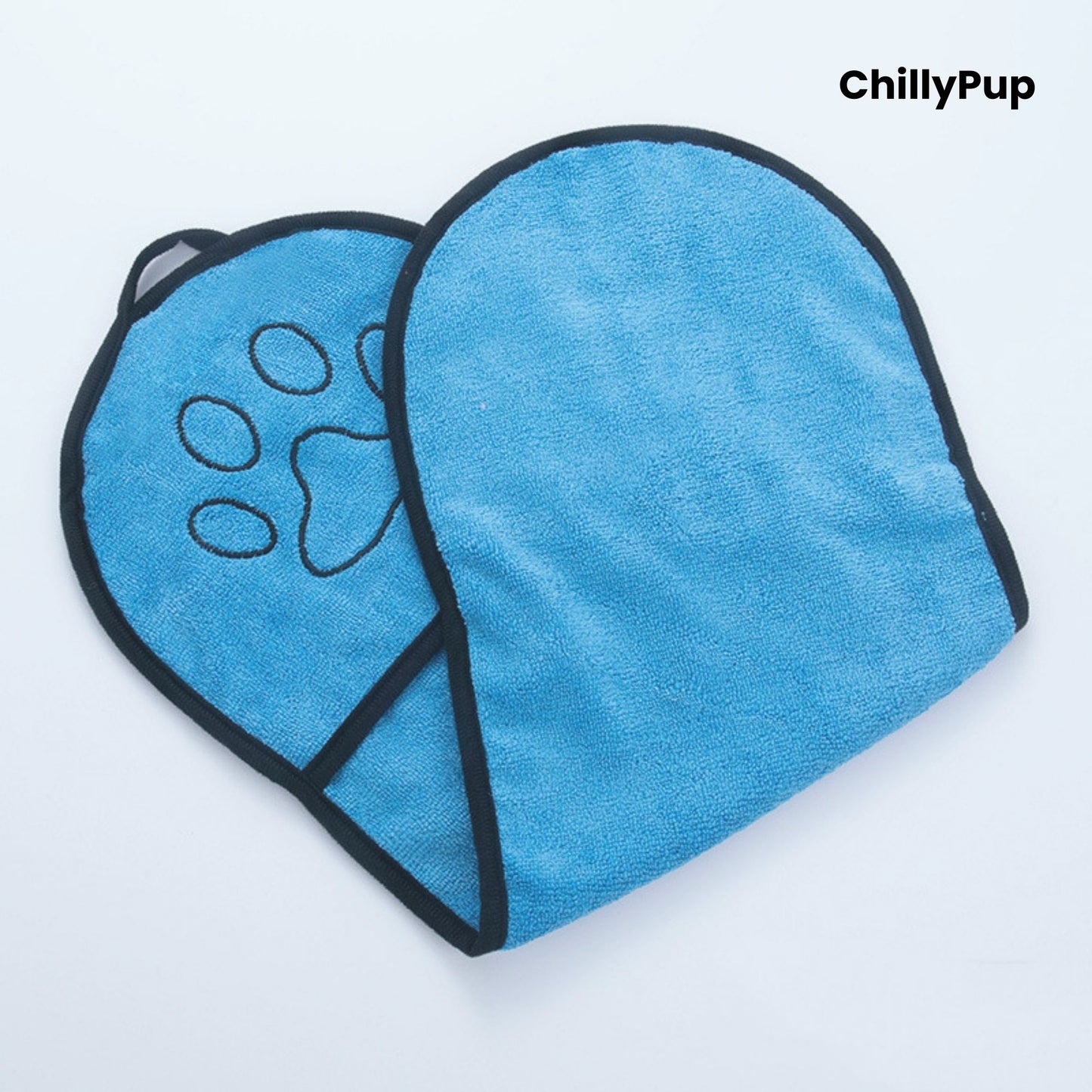 Blue pet grooming mitt with paw print design on a light grey background, branded 'ChillyPup'.