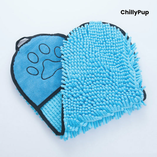 Blue pet grooming mitt with paw print design on a light grey background, branded 'ChillyPup'.