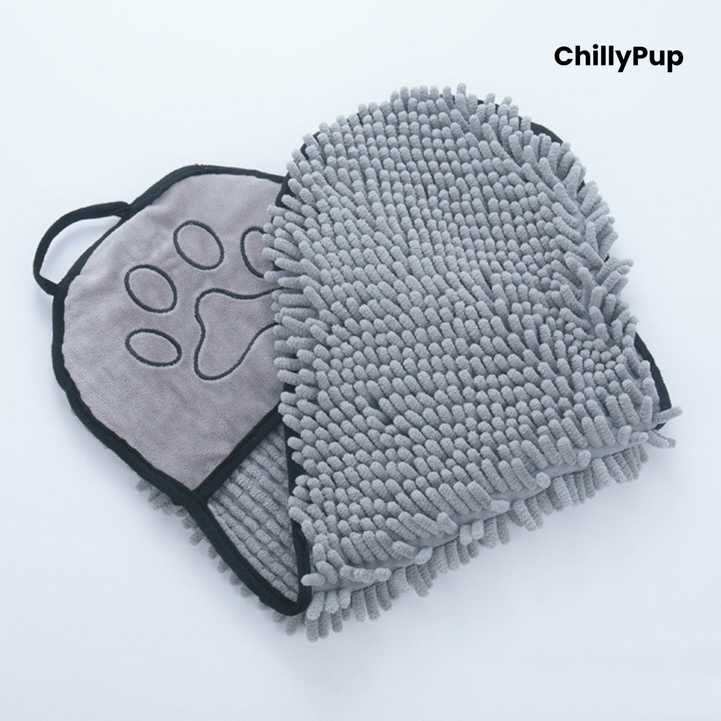 grey pet grooming mitt with paw print design on a light grey background, branded 'ChillyPup'.