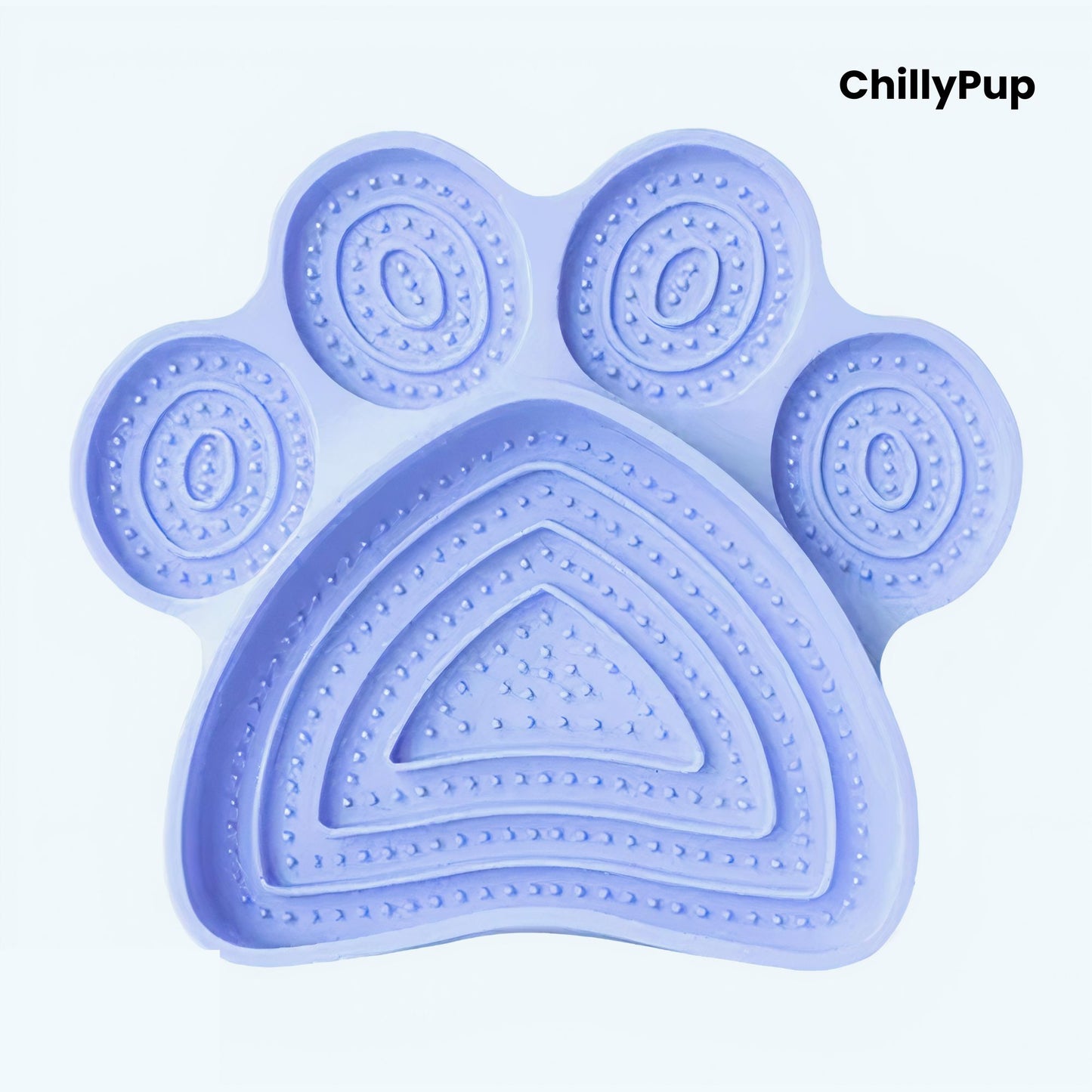 Light Blue paw-shaped pet lick pad with 'ChillyPup' branding on a white background
