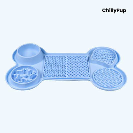 Blue bone-shaped pet mat with multiple compartments on a white background, branded 'ChillyPup'.