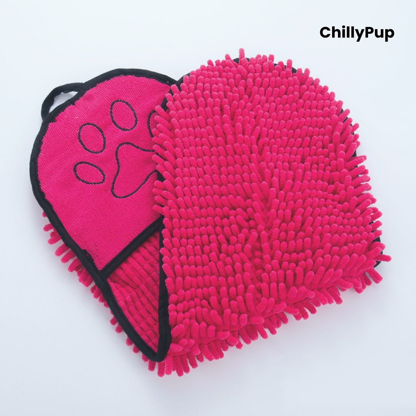 pink pet grooming mitt with paw print design on a light grey background, branded 'ChillyPup'.