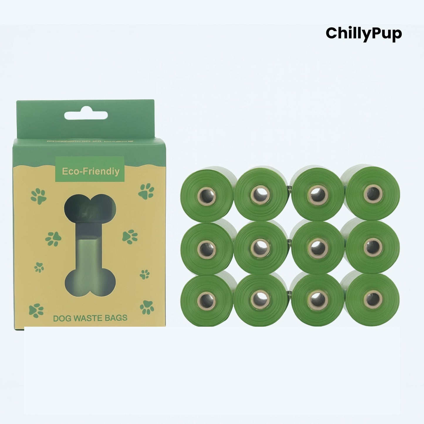 12 Green dog waste bags with packaging labelled 'Eco Friendly' on a white background