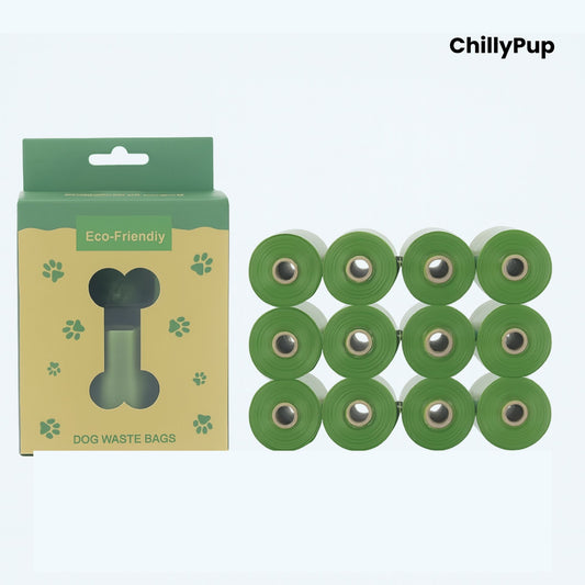 12 Green dog waste bags with packaging labelled 'Eco Friendly' on a white background