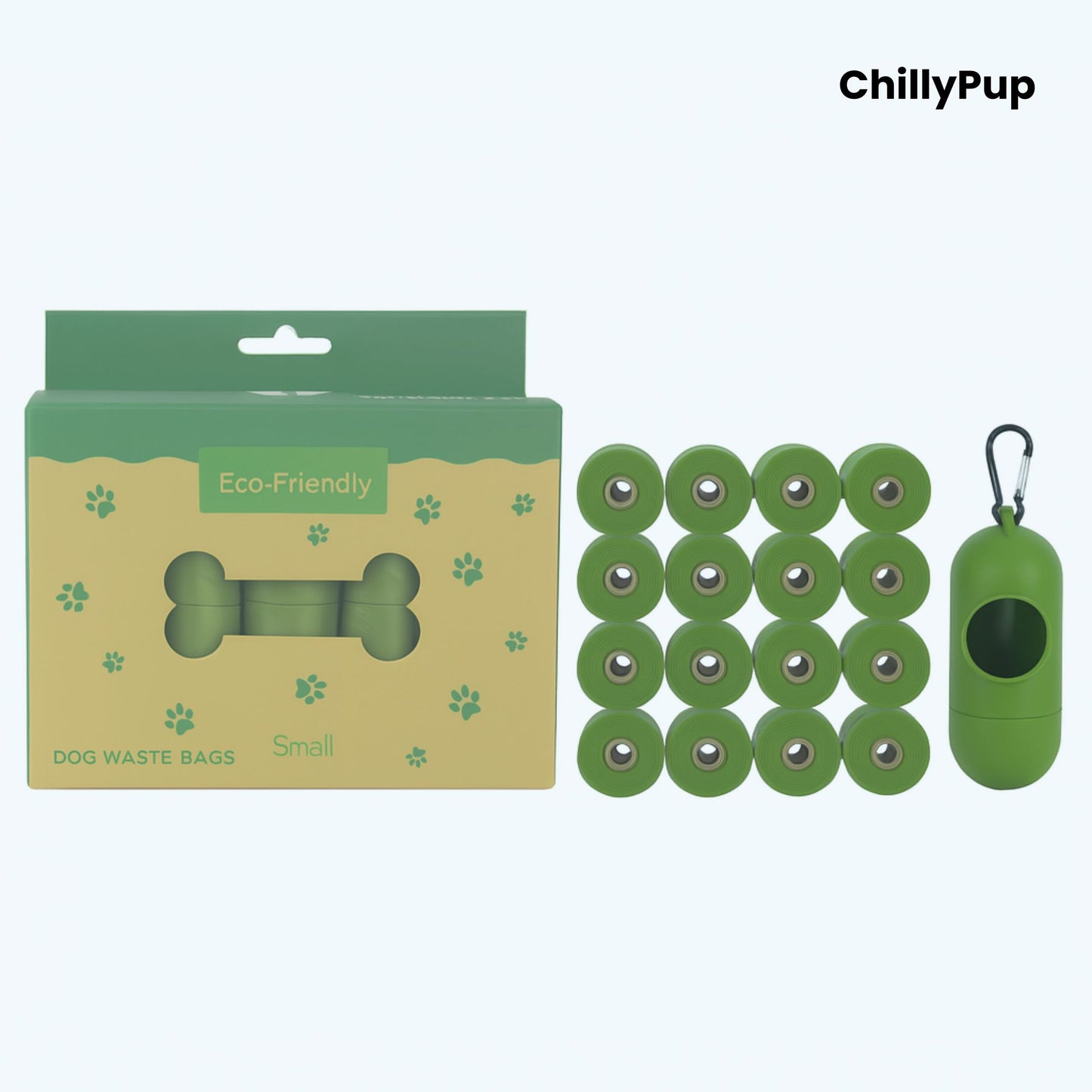 16 Green dog waste bags &  holder with packaging labelled 'Eco Friendly' on a white background