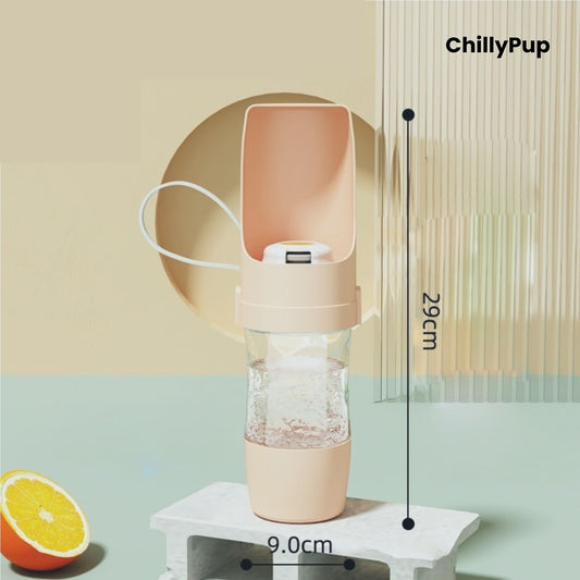 Portable dog water bottle with measurement details on a light background, featuring the brand 'ChillyPup'.