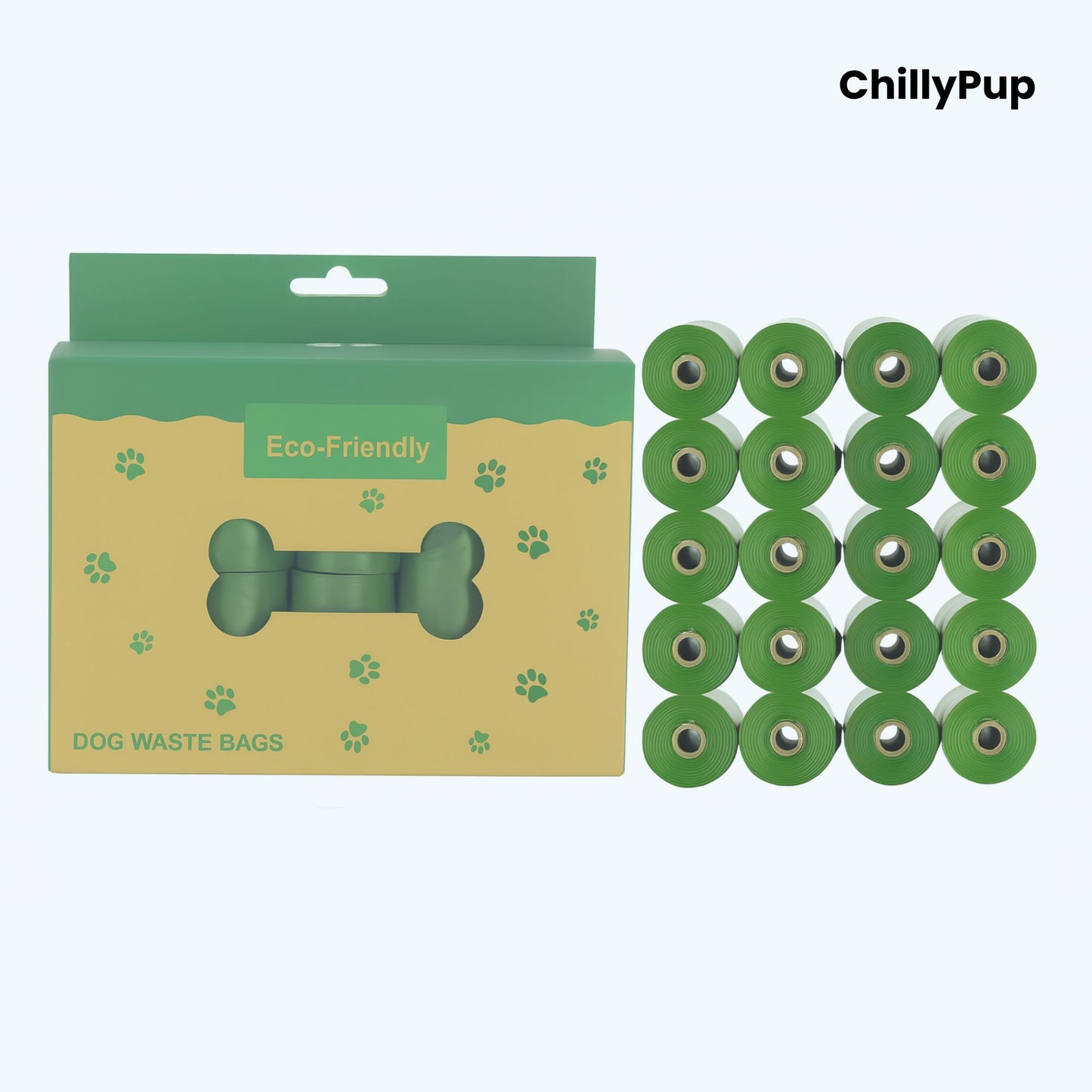 20 Green dog waste bags with packaging labelled 'Eco Friendly' on a white background