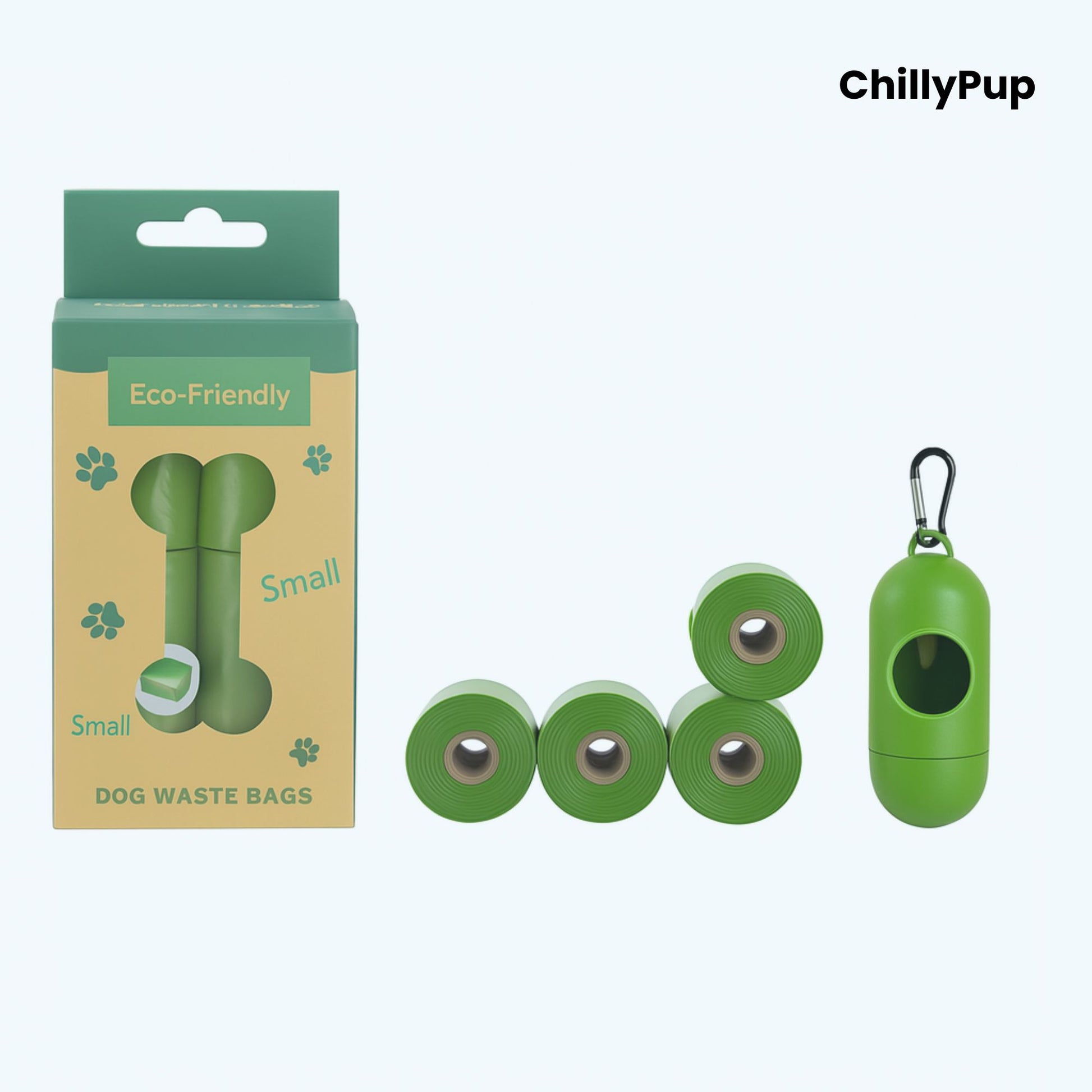 4 Green dog waste bags & holder with packaging labelled 'Eco Friendly' on a white background