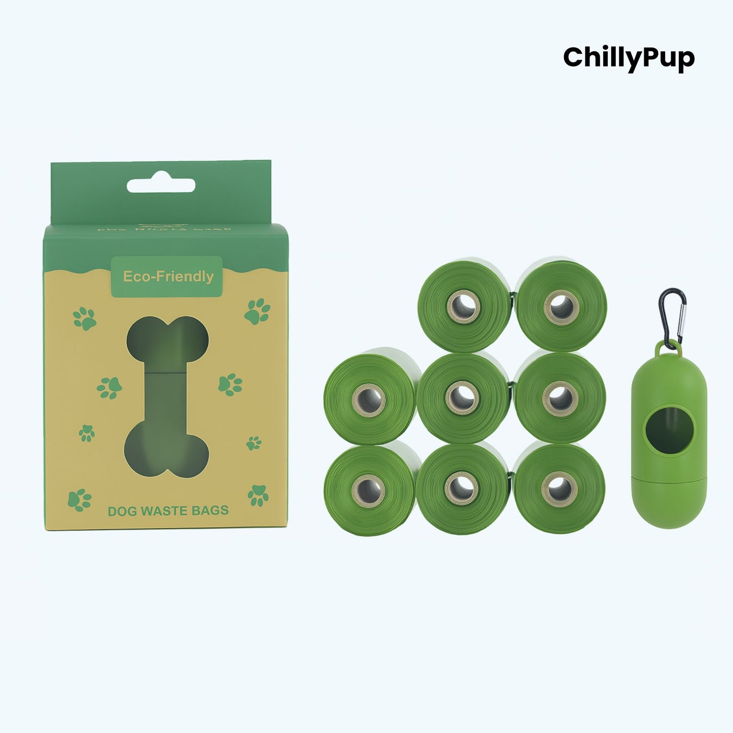 8 Green dog waste bags & holder with packaging labelled 'Eco Friendly' on a white background