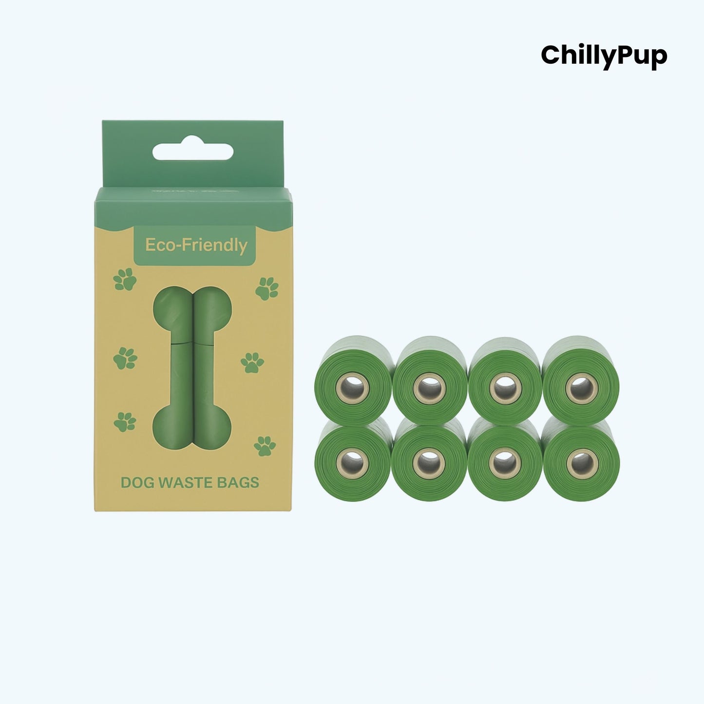 8 Green dog waste bags with packaging labelled 'Eco Friendly' on a white background