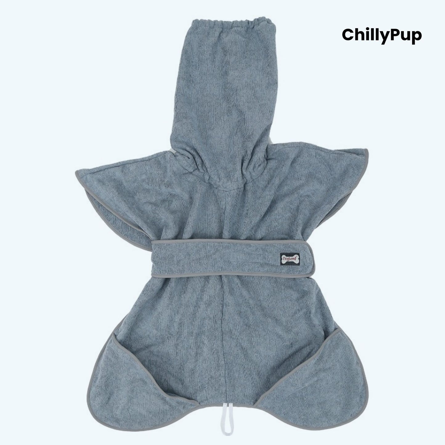 Grey dog robe with a hood on a light grey background, branded 'ChillyPup'.