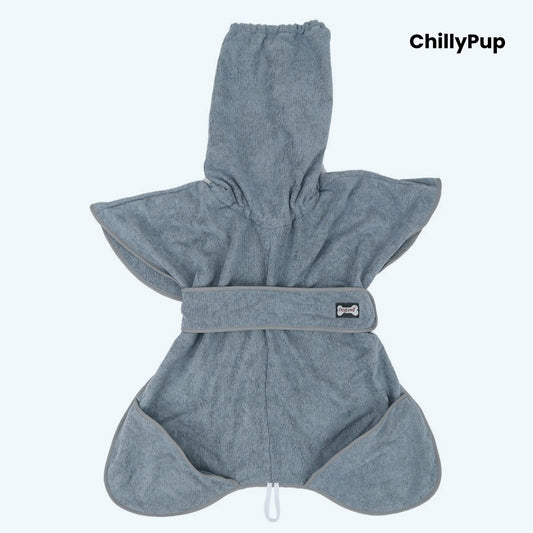 Grey dog robe with a hood on a light grey background, branded 'ChillyPup'.