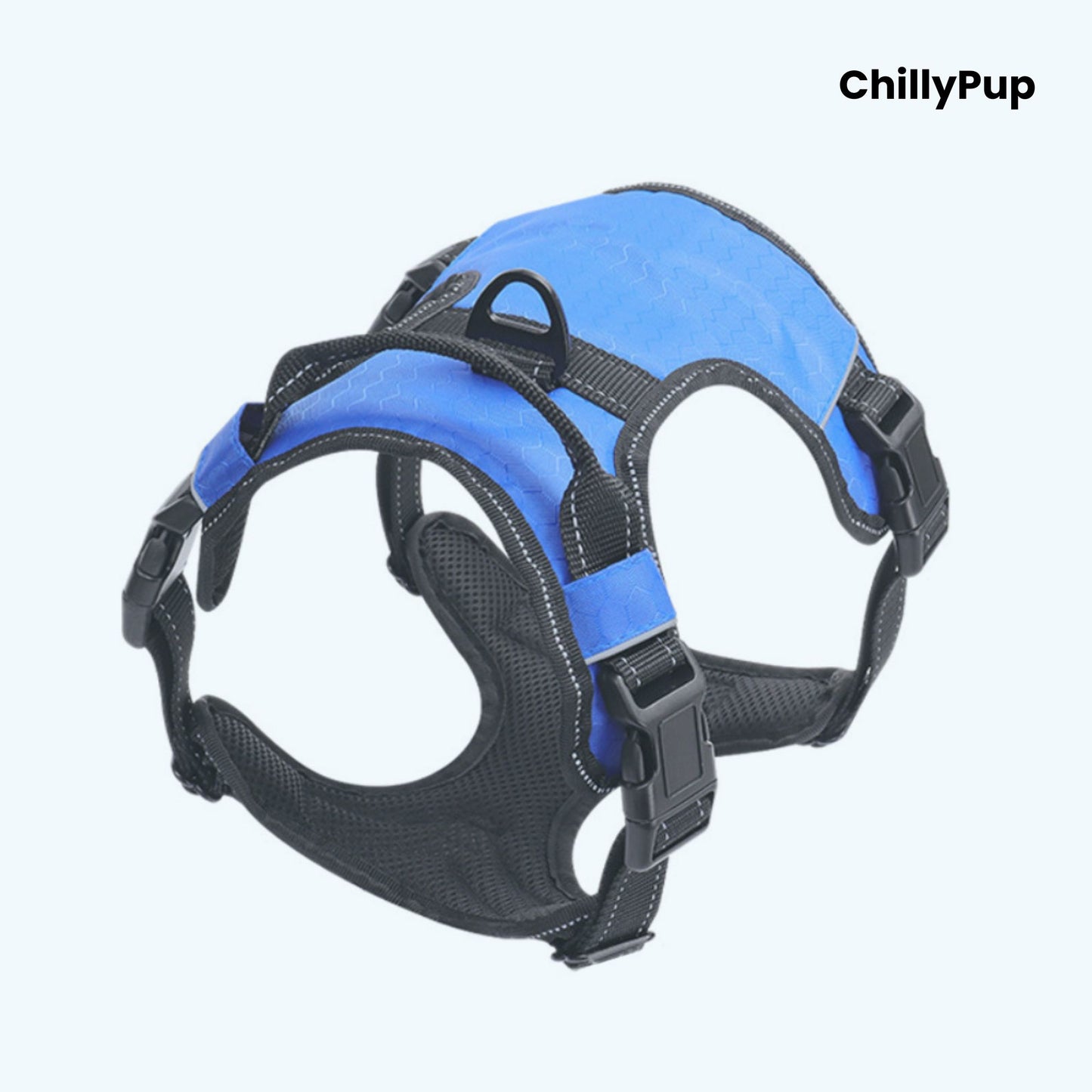 Blue and black dog harness on a white background with 'ChillyPup' branding