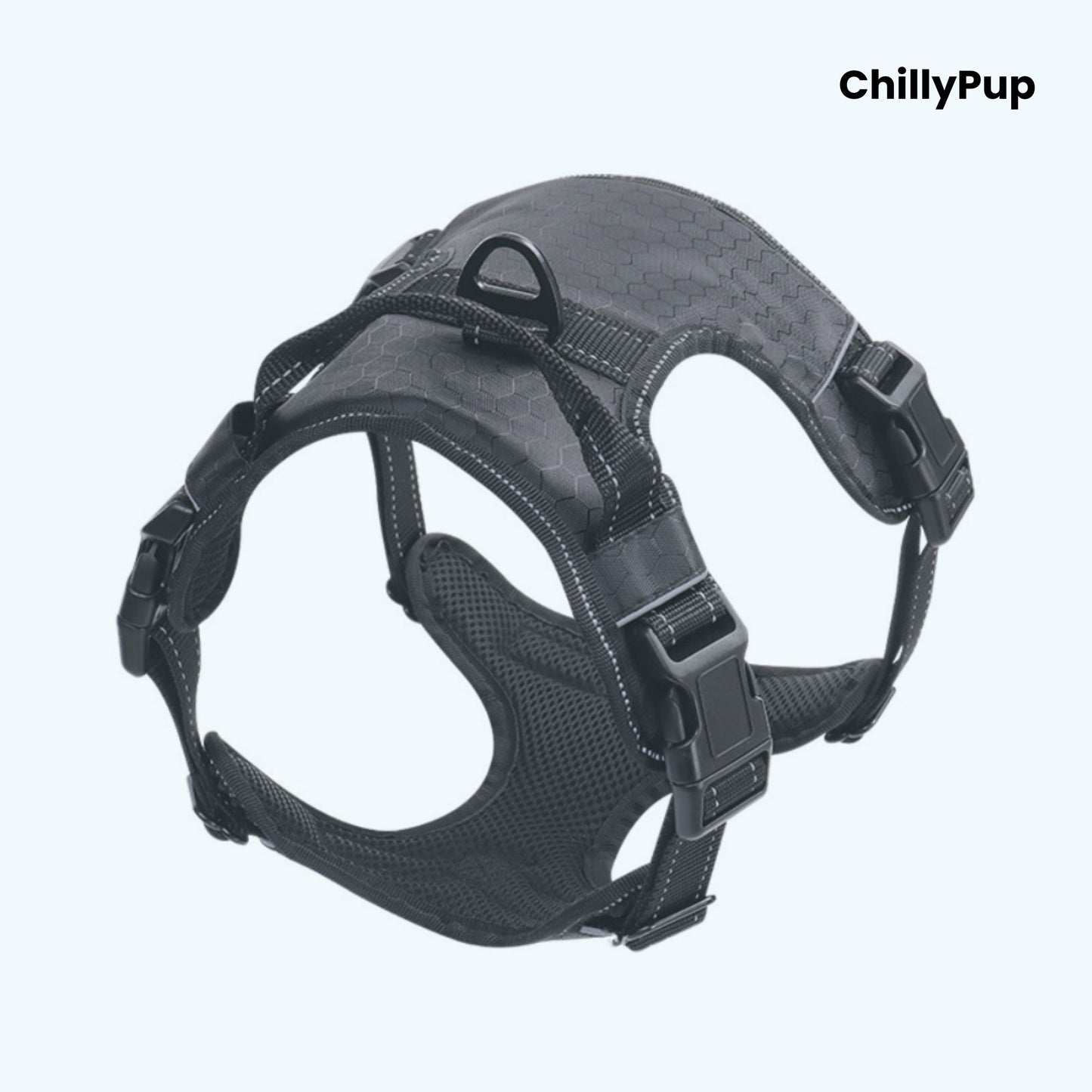black dog harness on a white background with 'ChillyPup' branding