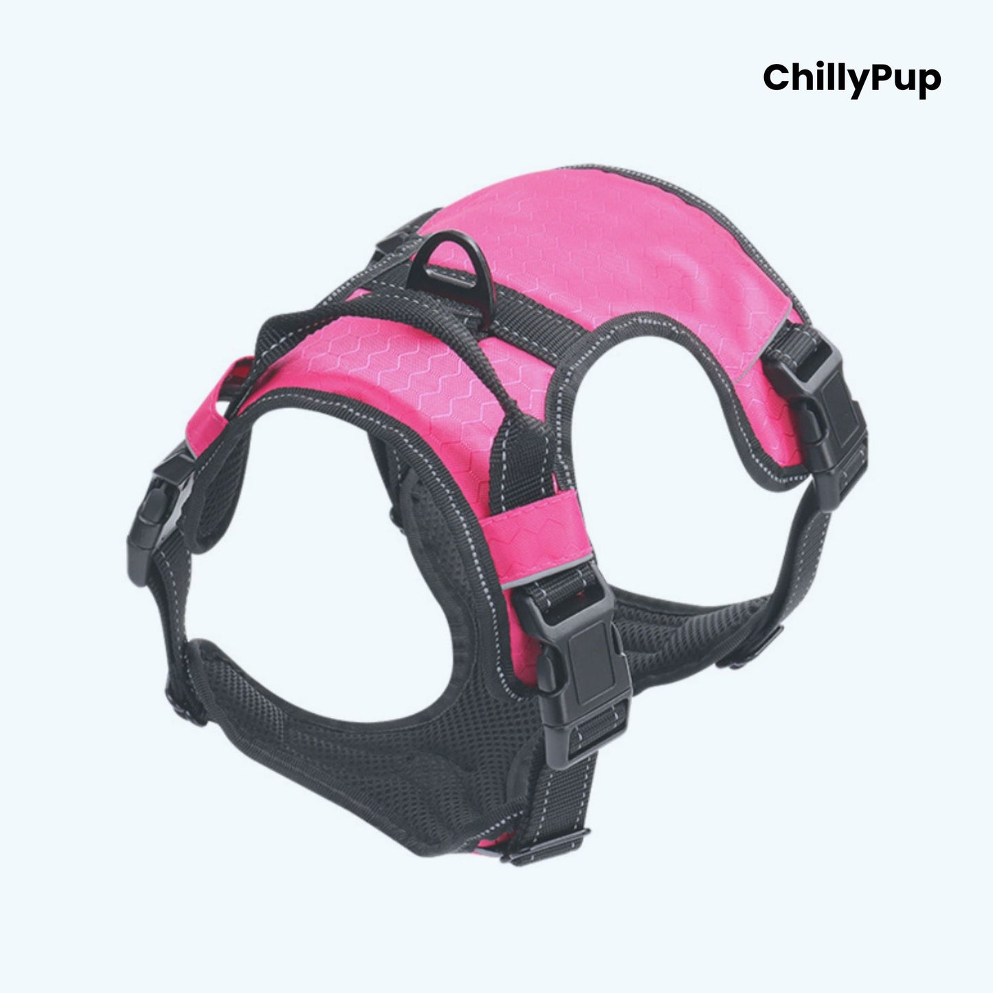 Pink and black dog harness on a white background with 'ChillyPup' branding