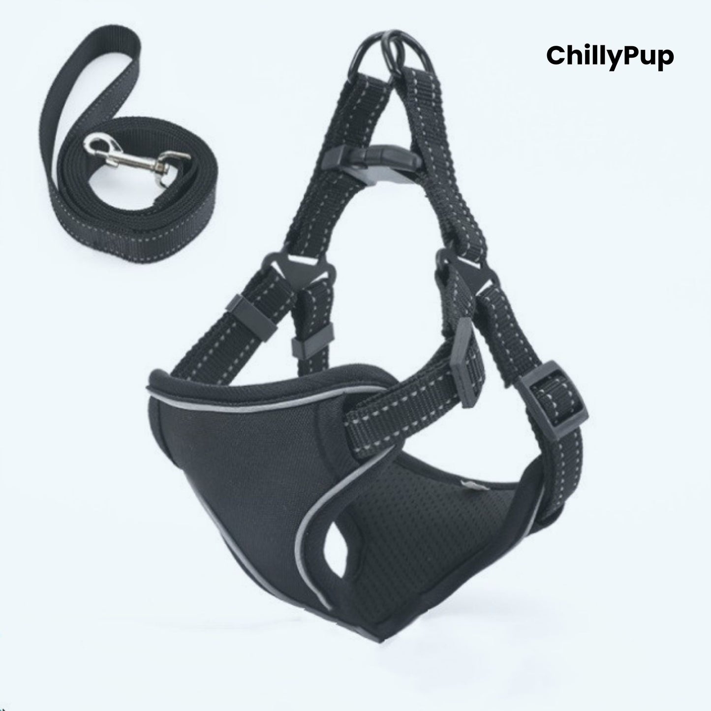 Black dog harness and lead set with 'ChillyPup' branding on a white background