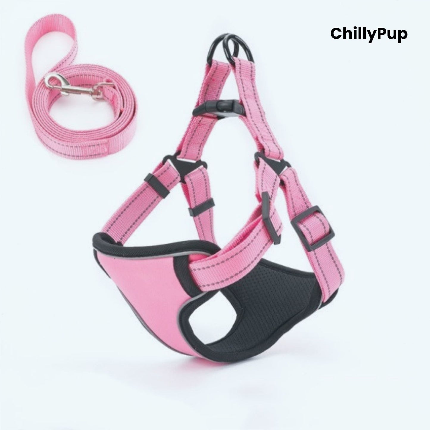 Pink dog harness and lead set with 'ChillyPup' branding on a white background
