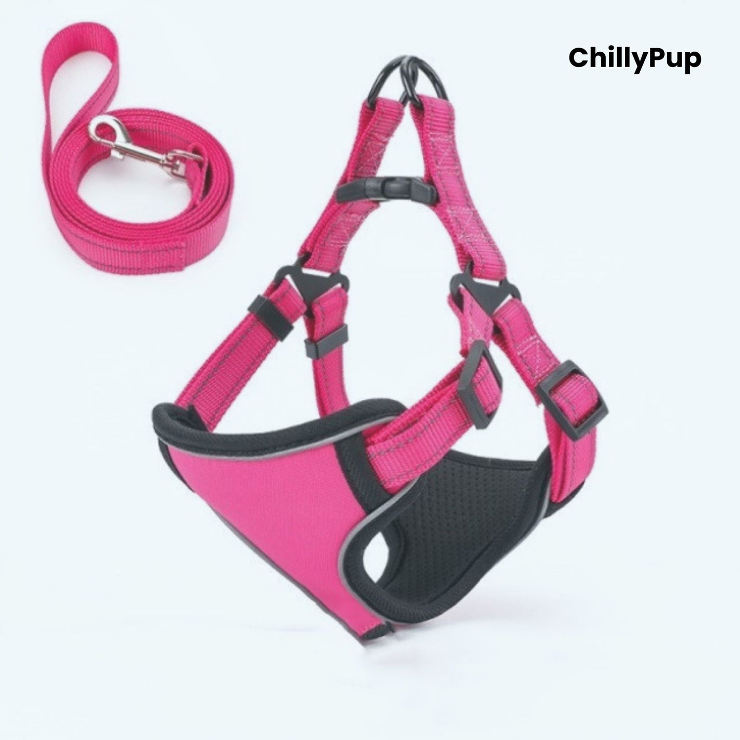 Pink dog harness and lead set with 'ChillyPup' branding on a white background