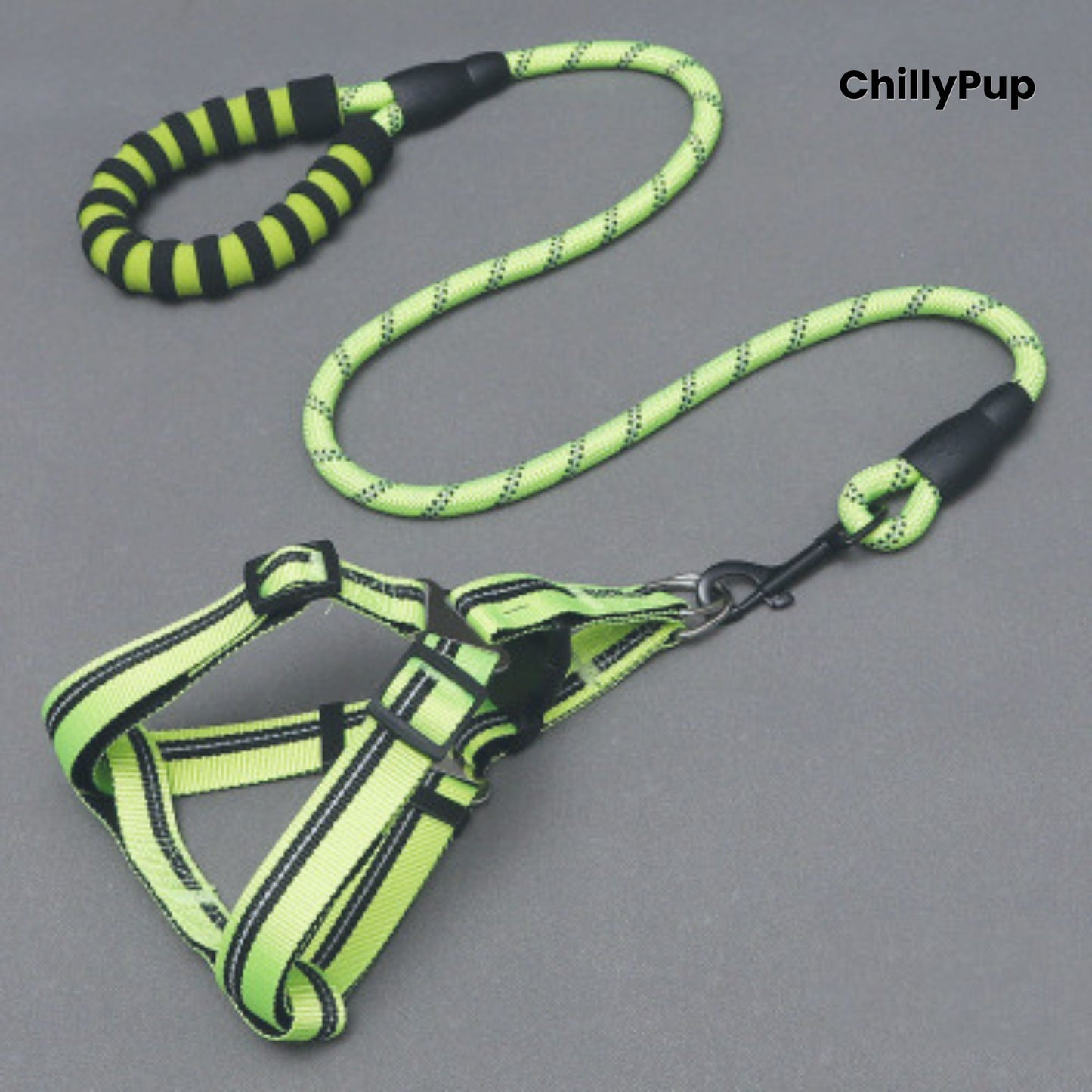 Green and black dog harness and lead set on a grey background with 'ChillyPup' branding.