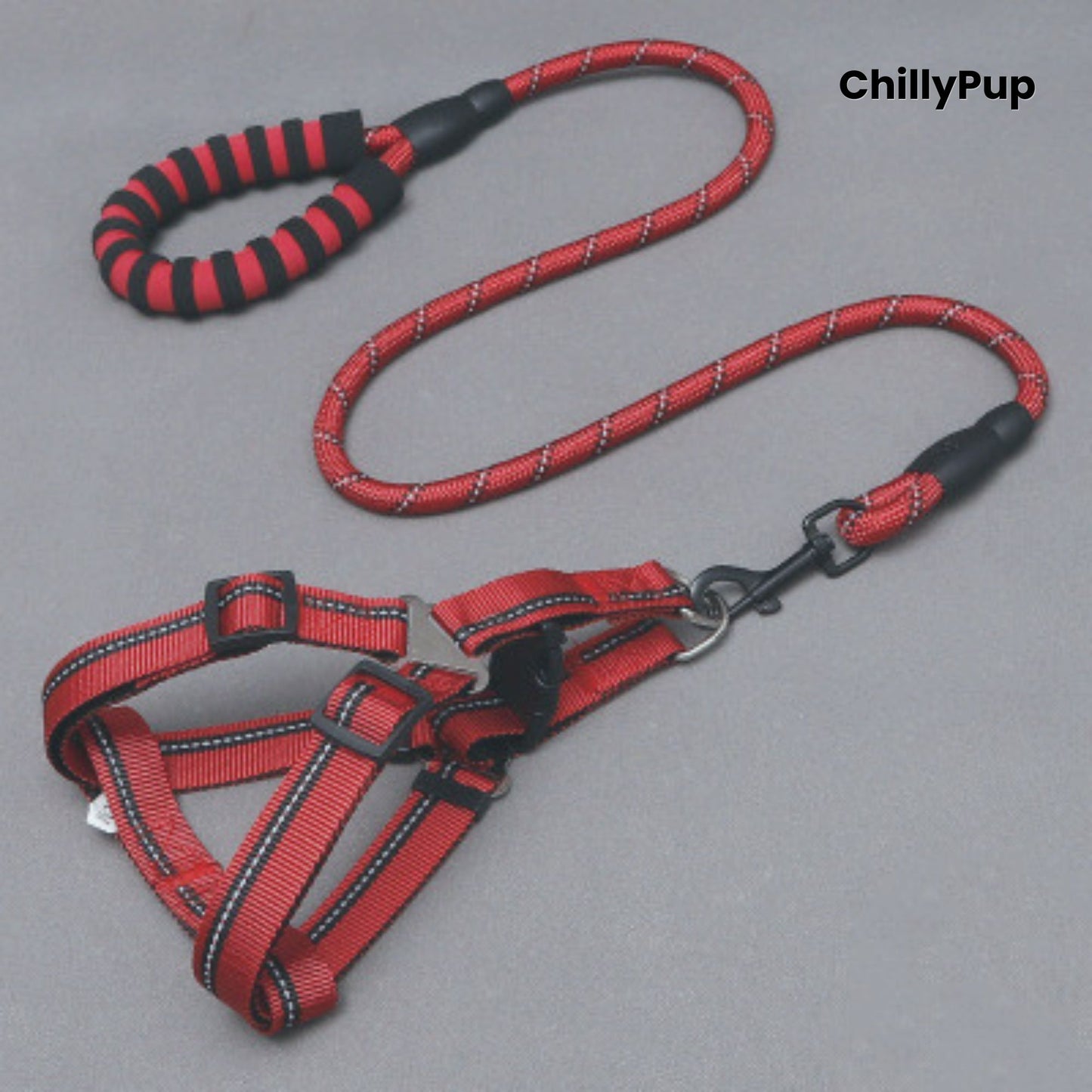 Red and black dog harness and lead set on a grey background with 'ChillyPup' branding.