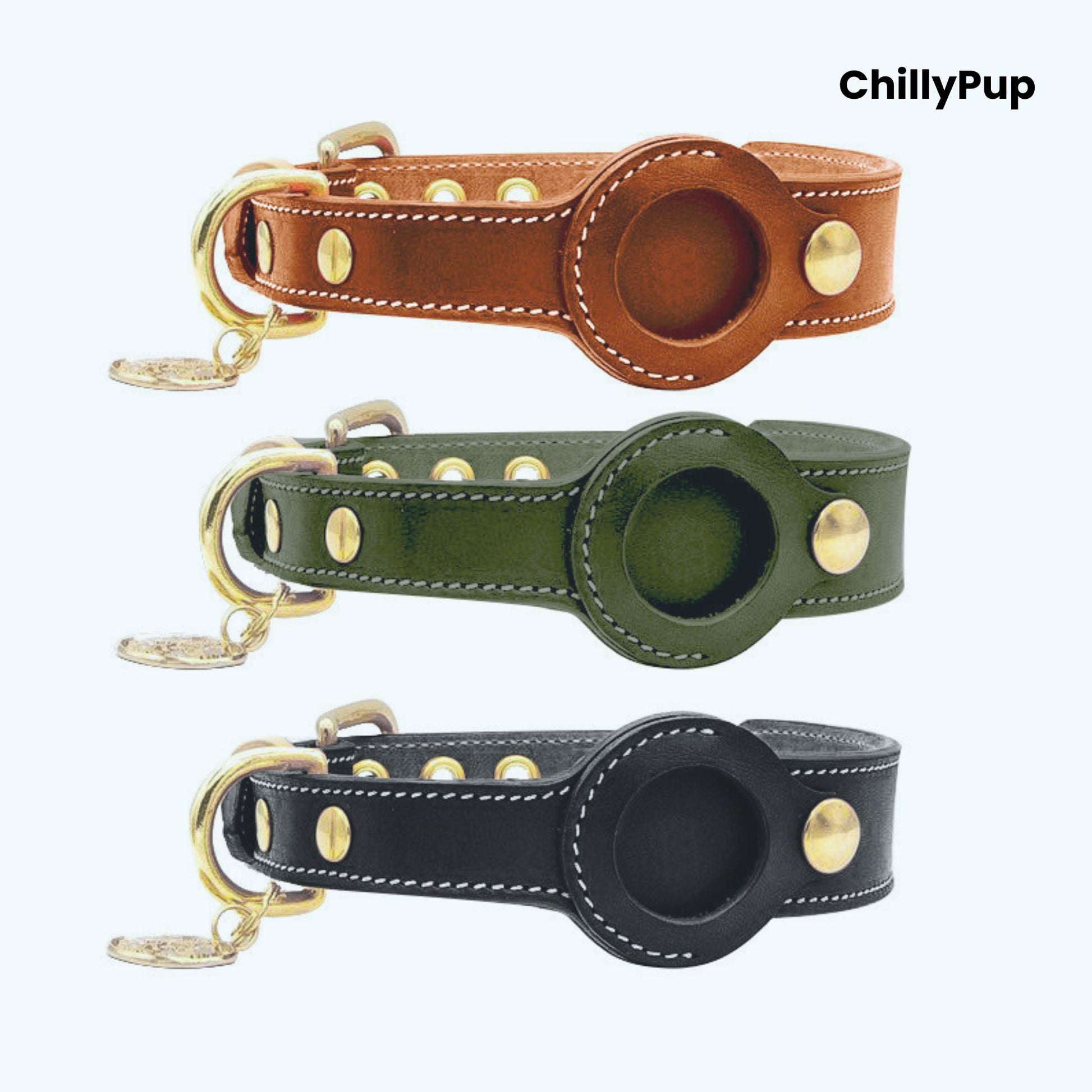 Three leather dog collars in brown, green, and black with gold hardware on a white background, branded 'ChillyPup'.