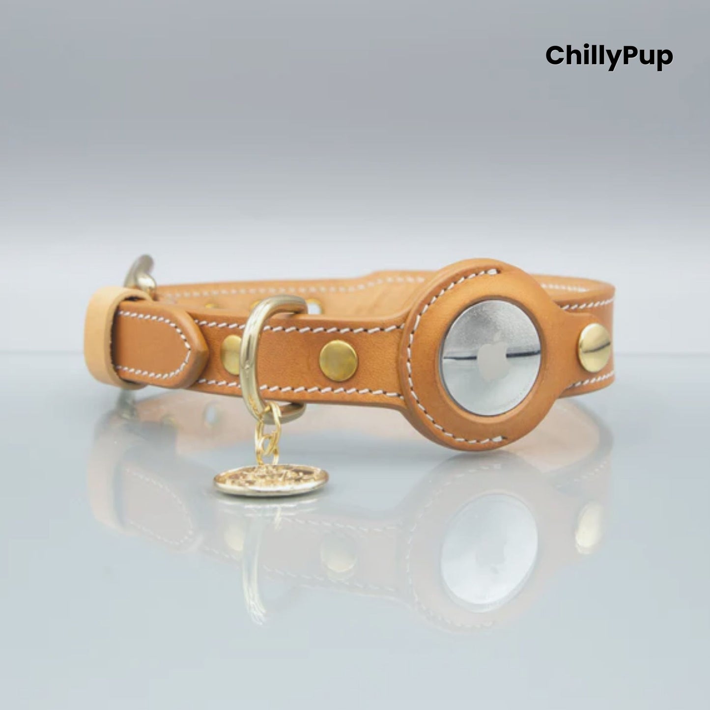 Tan leather dog collar with gold hardware on a light grey background, branded 'ChillyPup'.