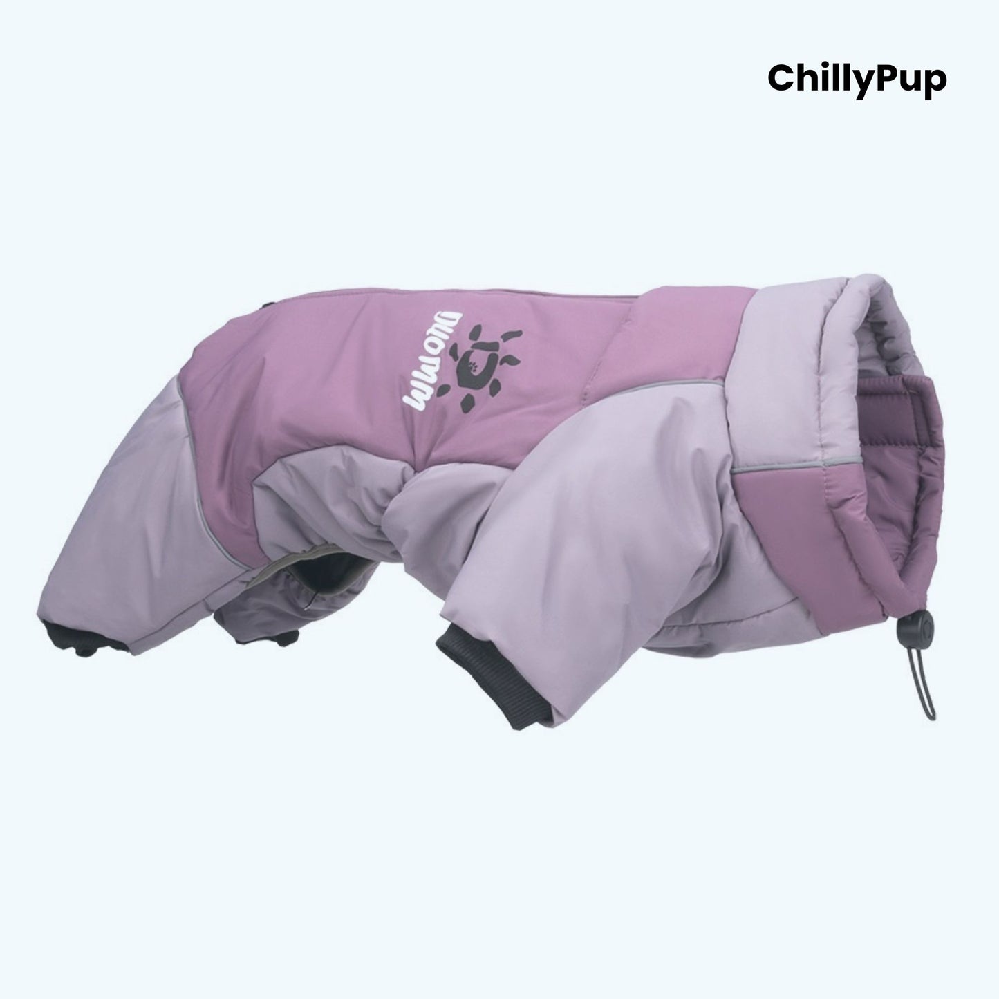 Purple dog coat with 'ChillyPup' branding on a light blue background