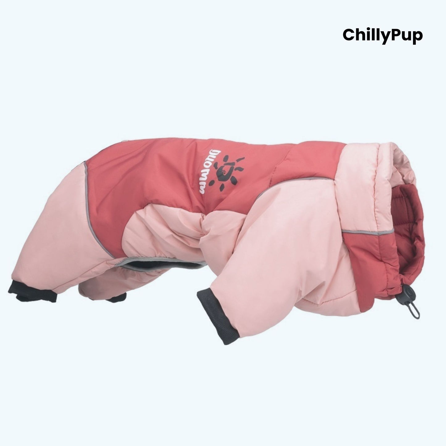 Pink dog coat with 'ChillyPup' branding on a light blue background