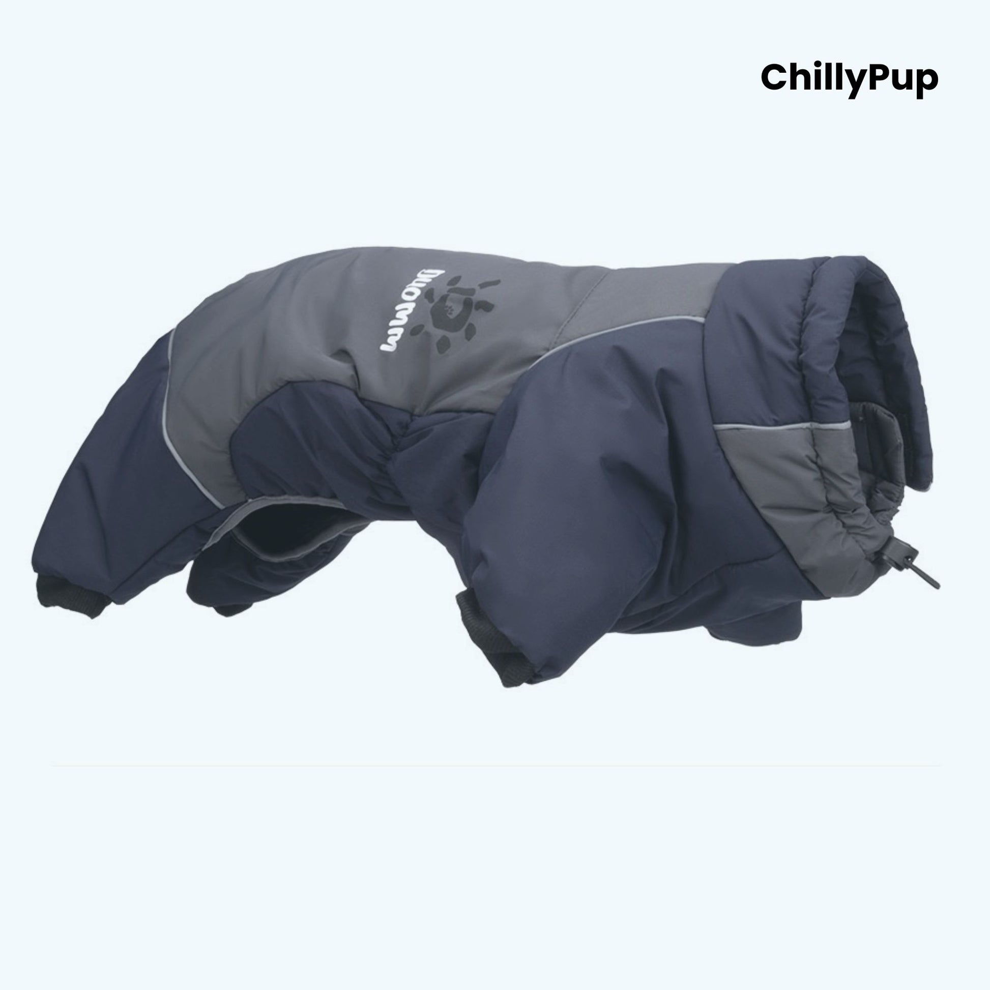 Navy and grey dog coat with 'ChillyPup' branding on a light blue background