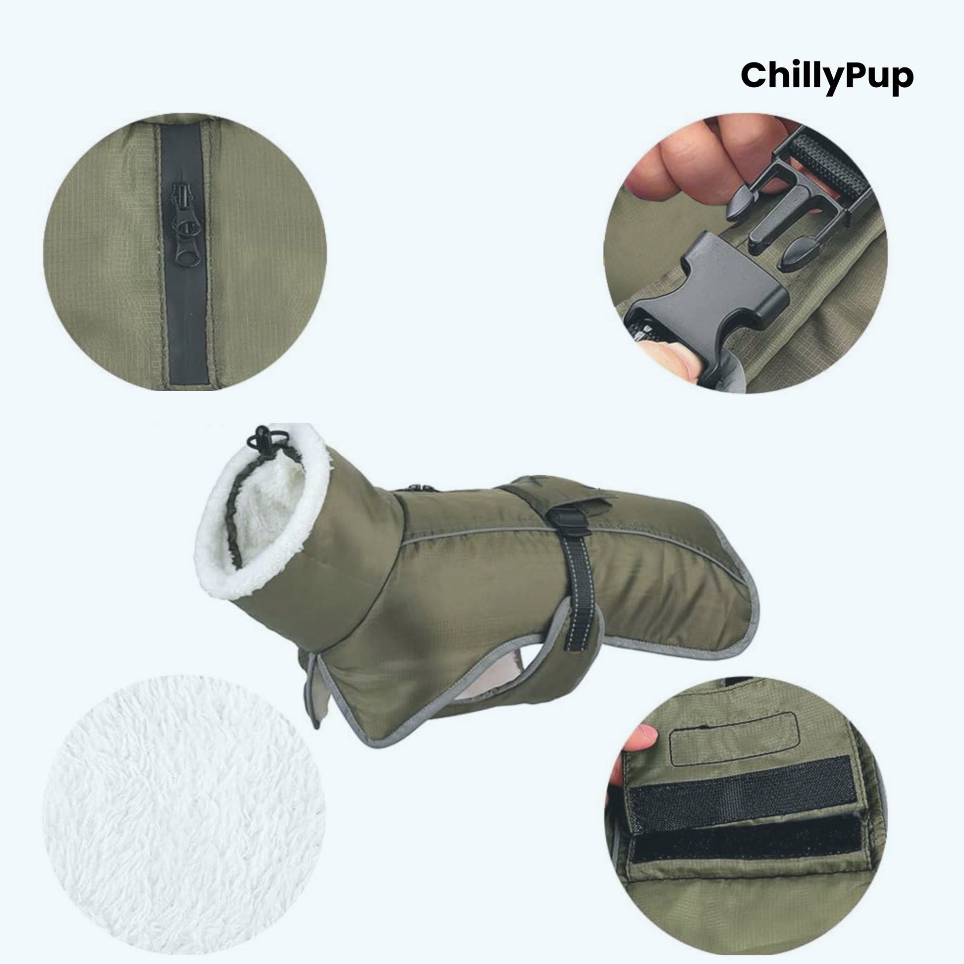 Green dog coat with close-up details on a white background, featuring the brand 'ChillyPup'.