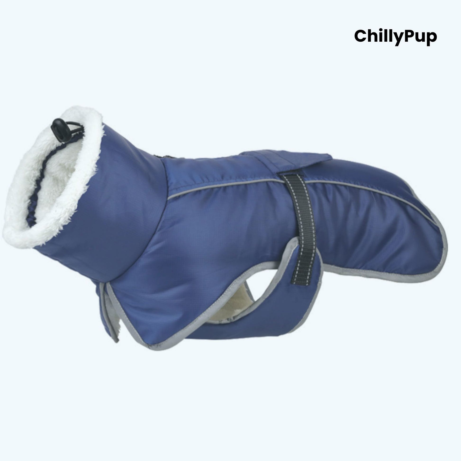 Blue dog coat with white fur lining on a white background, branded 'ChillyPup'.
