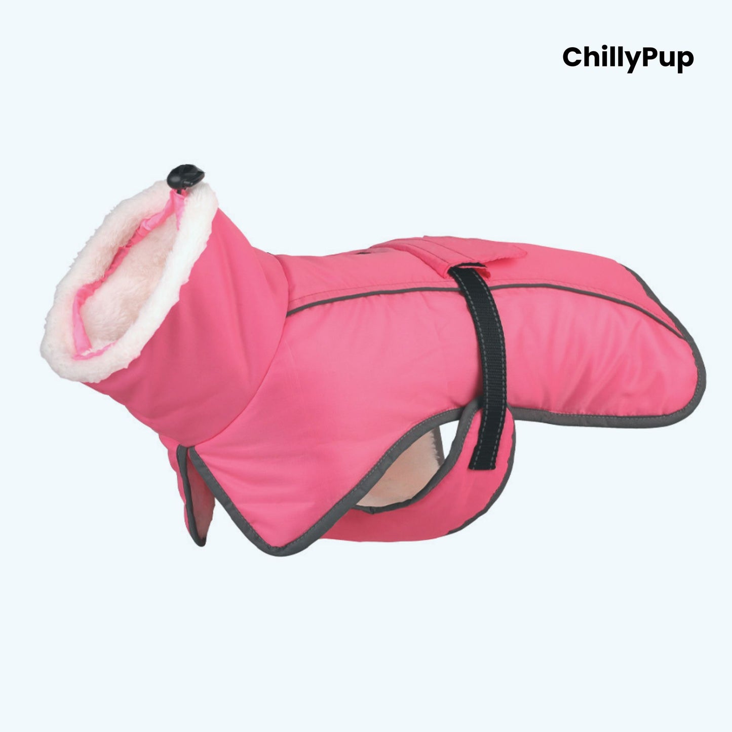 Pink dog coat with white fur lining on a white background, branded 'ChillyPup'.