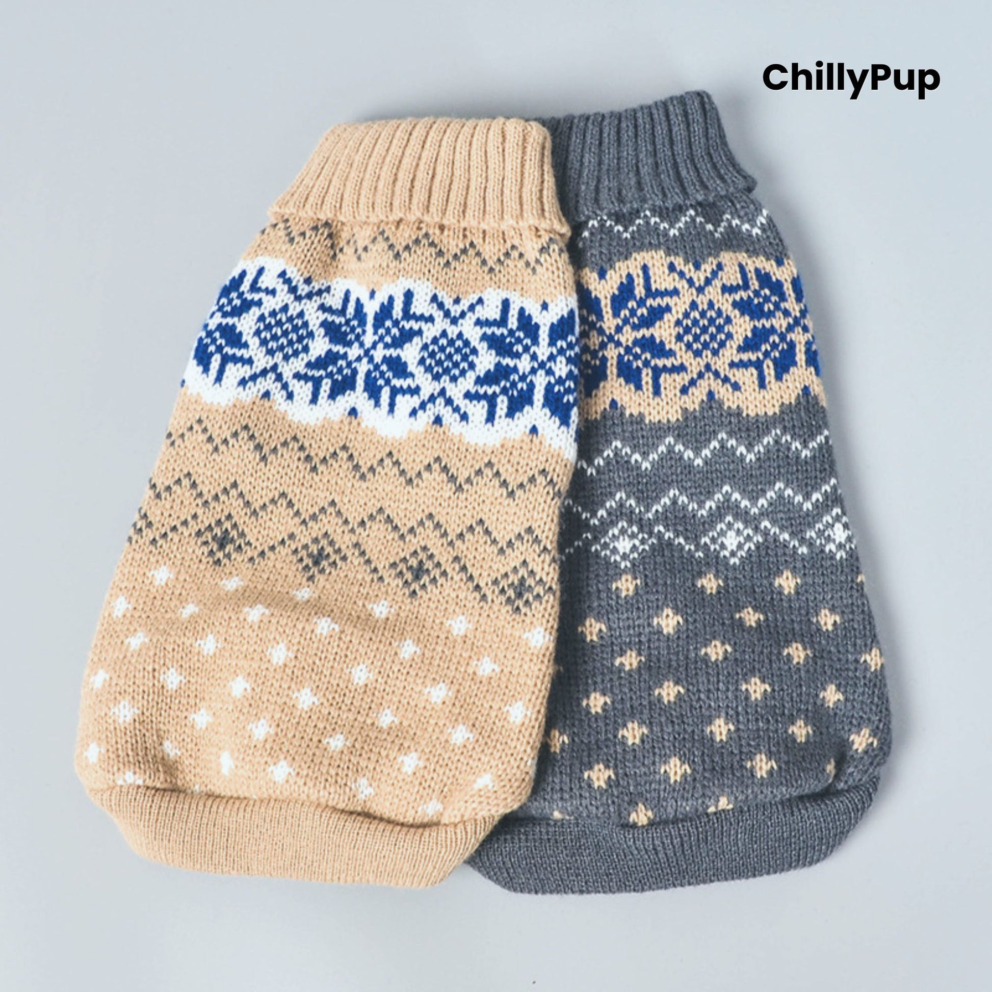 Two dog sweaters, one beige and one grey, with patterned designs on a light grey background. Brand 'ChillyPup' is visible.
