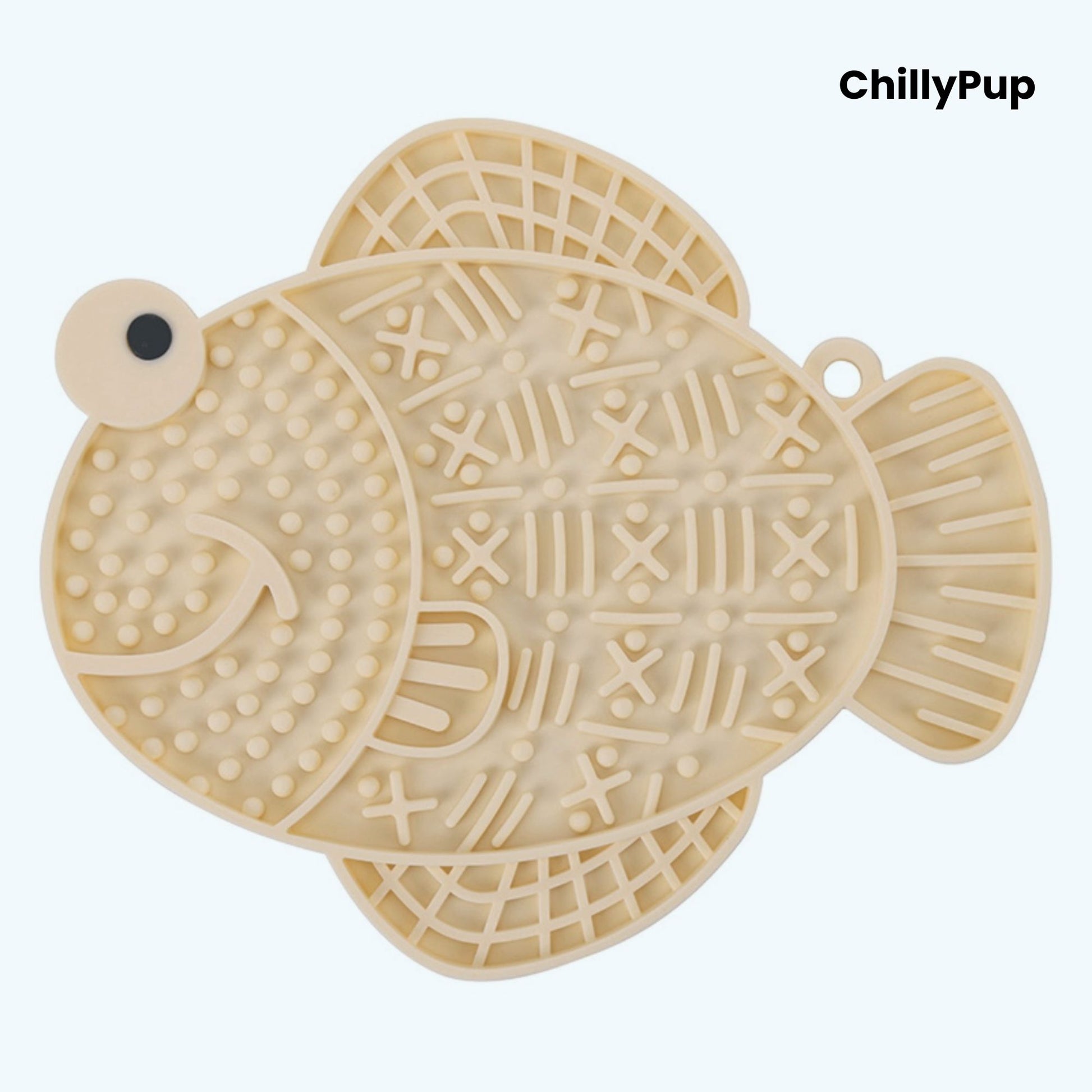 Apricot fish-shaped dog lick pad on a white background, branded 'ChillyPup'.
